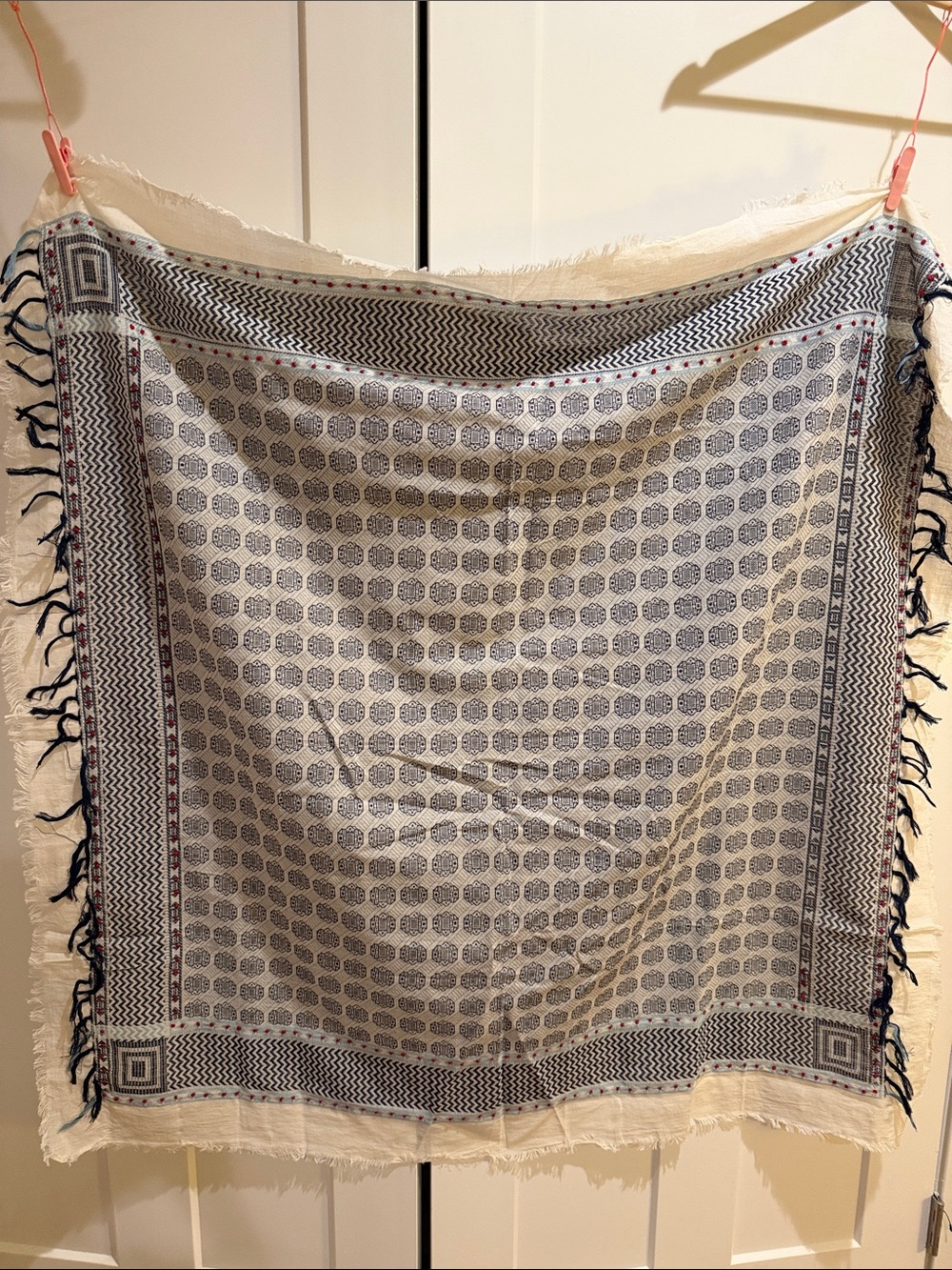 NWOT Neutral Patterned hand stitched Fringe Scarf in Cream and Navy